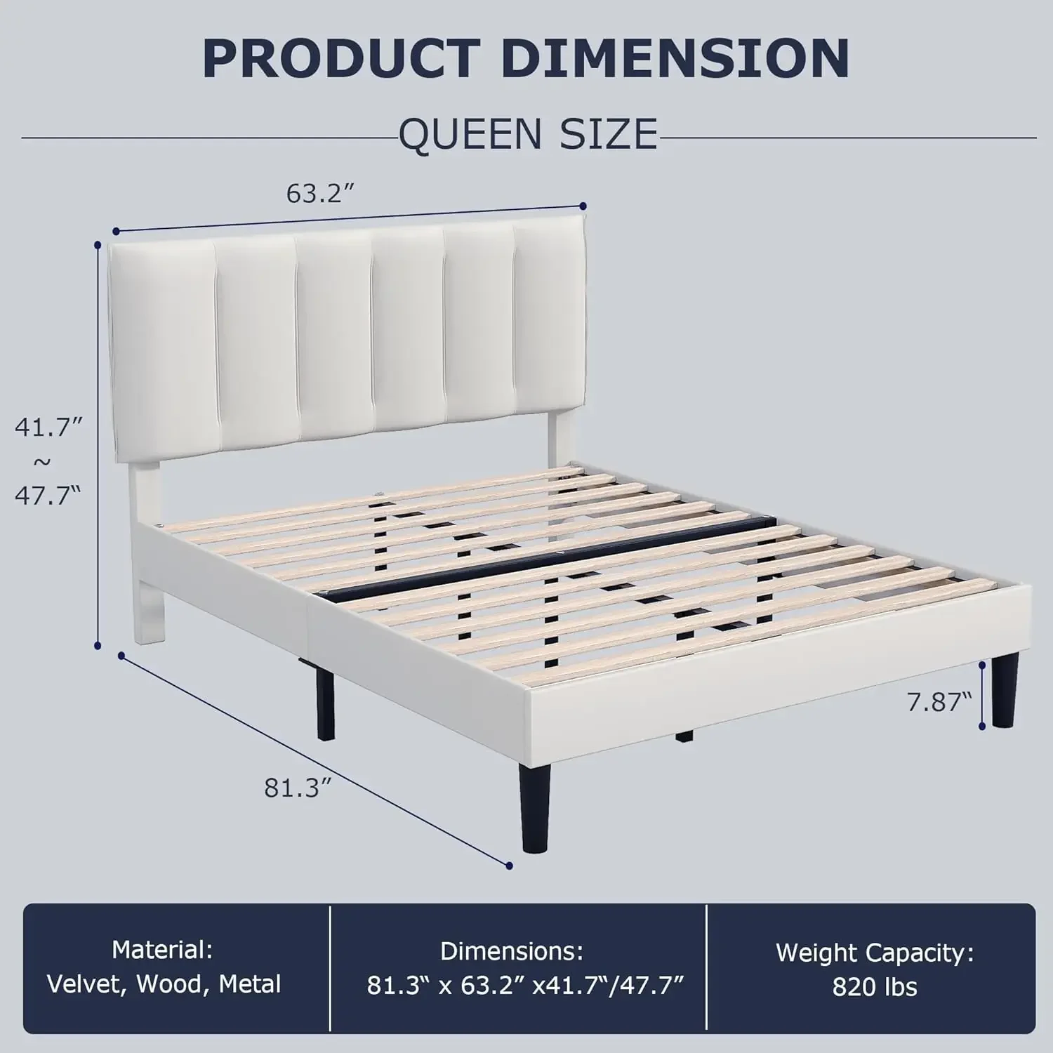 Queen Bed Frame with Upholstered Headboard, Heavy-Duty Platform with Strong Wooden Slats Support, No Boxing