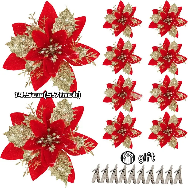 Flores artificiales con purpurina para decoración de árbol de Navidad, adornos de Feliz Año Nuevo, 10/5/1 piezas, 14,5 cm