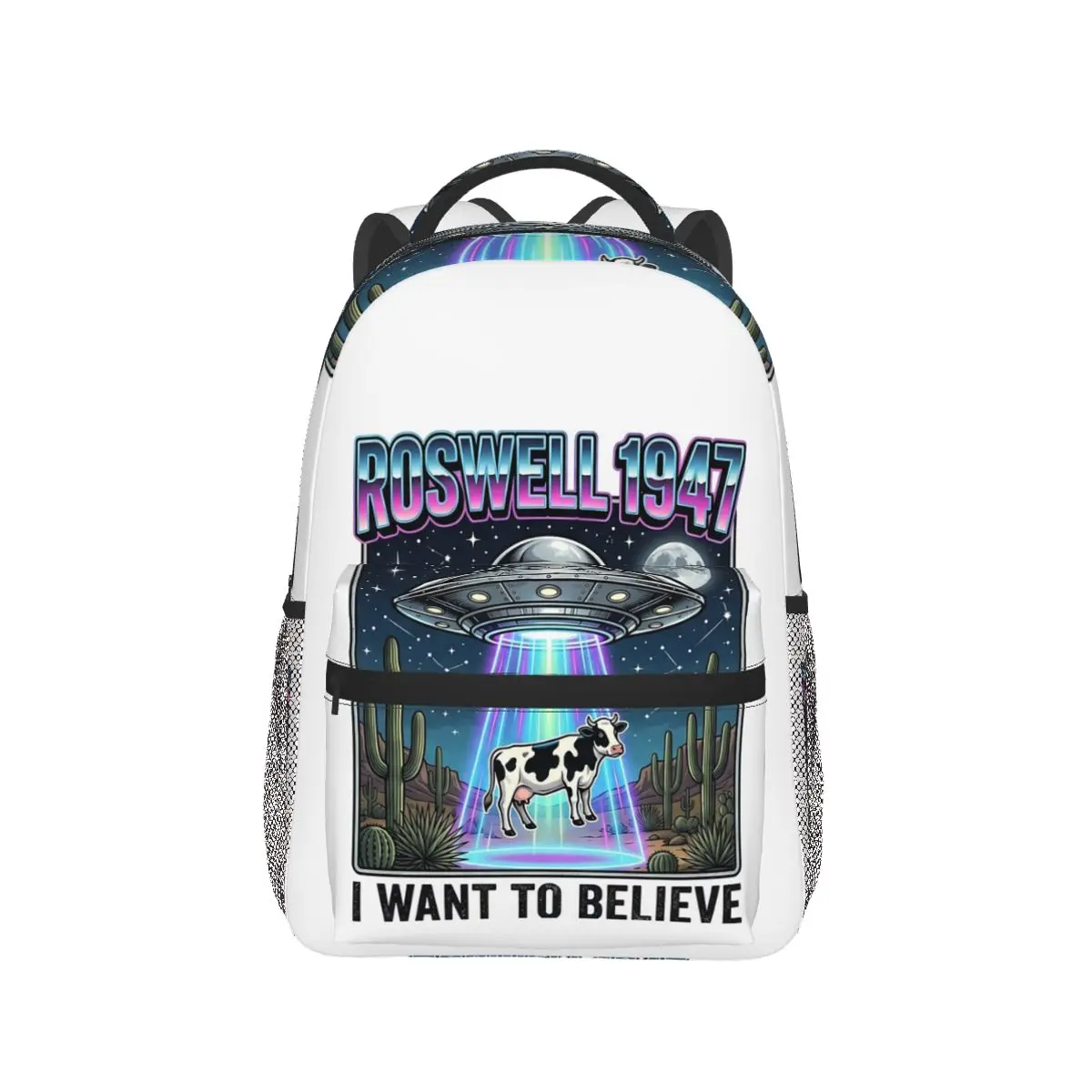 Funny Alien Abduction Cow Roswell 1947 Cartoon Backpack Hot Sale Daypack Boy Girl BookBag School Bag Shoulder Bags for Men Women