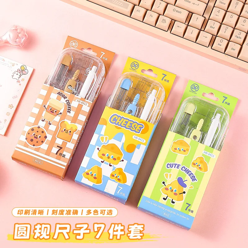 

7pcs/set Plastic Ruler Compasses Set Straight Ruler Set Square Protractor Propelling Pencil Stationery Ruler Set School Supplies