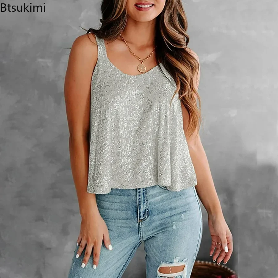 2026 Women's Sexy Tank Top Summer Clothing Female Retro Elegant Spring Summer Street Clothing Party Club Stage Shiny Camis Top