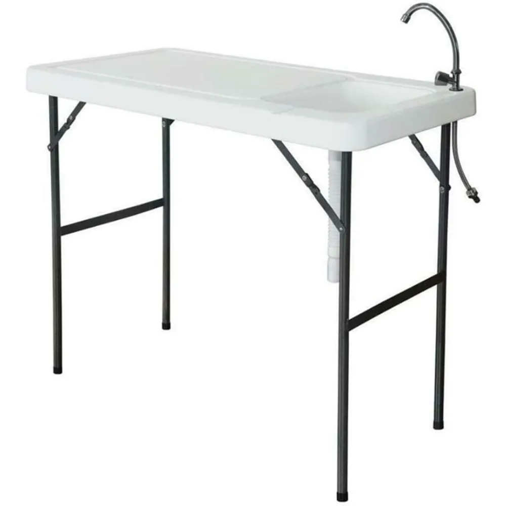 

Folding Table with Sink, 4ft Portable Foldable Outdoor Camping Fishing Cleaning with Faucet for Picnic Camping Kitchen Garden Wh