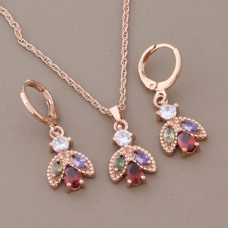 Fashion Earrings 2023 High Quality Rose Gold Color Jewelry Sets for Women Colorful Natural Zircon Luxury Elegant Women's Set