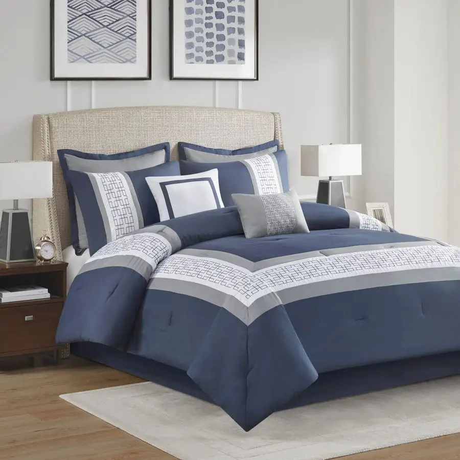 

Комплект постельного белья Powell Cozy Comforter, дизайн в гостиничном стиле с геометрической вышивкой, всесезонное постельное белье с подходящими наволочками, D