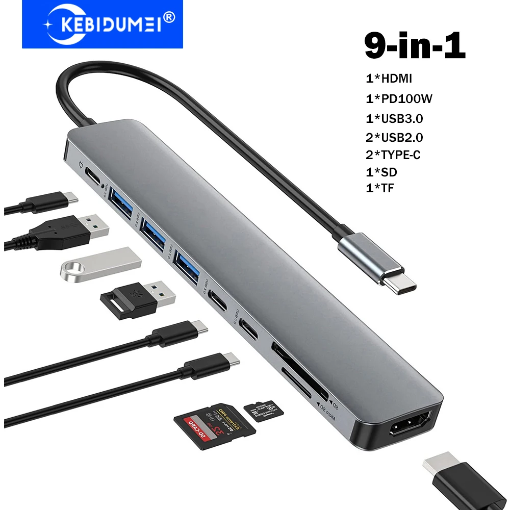 KEBIDUMEI 9-in-1 USB 3.0 Hubs 5Gbps Transmission USB C Docking Station USB HUB TYPE-C to 4K HDMI Adapter USB Splitter for Laptop