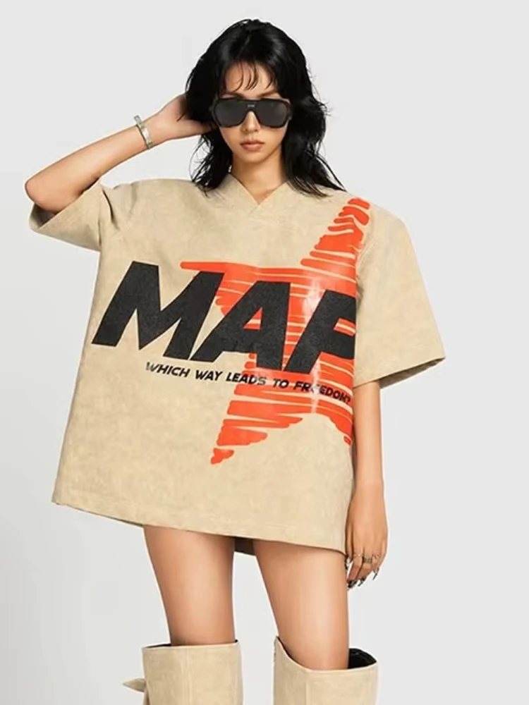 

Nibber Спортивная повседневная футболка женская с коротким рукавом и круглым вырезом классическая мода 2026 летняя трендовая повседневная уличная одежда с буквенным принтом и звездами