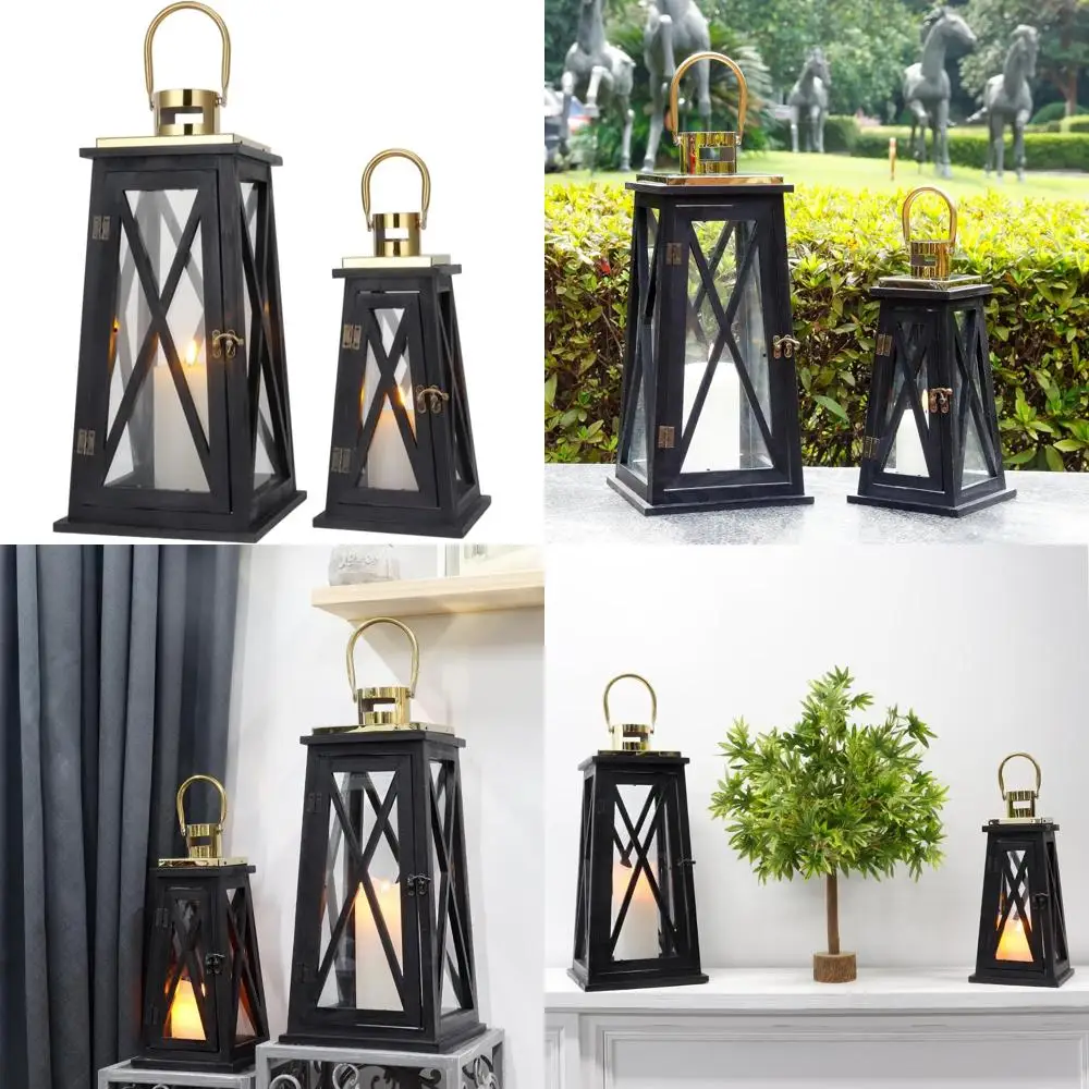 

Farmhouse Style Wooden Lanterns Set, 12 & 18 Metal & Tempered Glass Candle Holders for Rustic Outdoor Décor