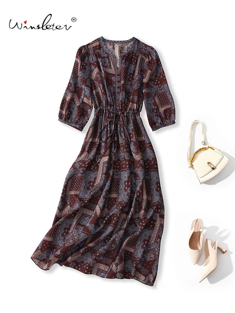 

Winsleter-100%Real Silk Elegant Dress, 3/4 Sleeve Geometry Print, Women French Retro Temperament Dresses, 2026 Summer D65444CC