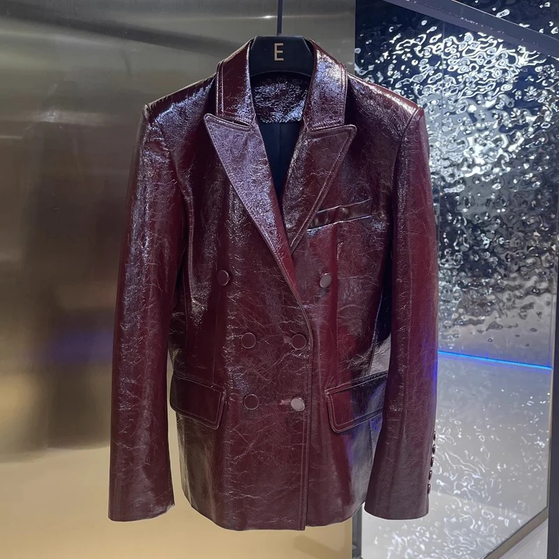 Eleganckie damskie marynarki ze skóry naturalnej w kolorze wina, skóra olejowana, dwurzędowe, importowane płaszcze damskie ze skóry owczej klasy A.