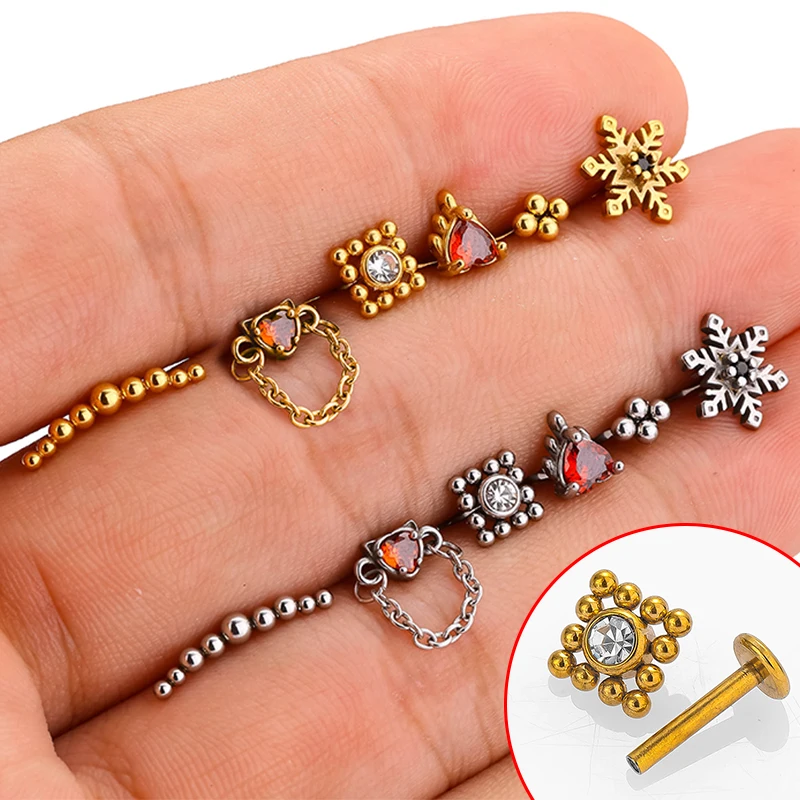 1PC Surgical Steel Red Labret Snow Crystal Cluster Helix Tragus Cartilage Flat Base Ear Studs Piercing Jewelry 16G