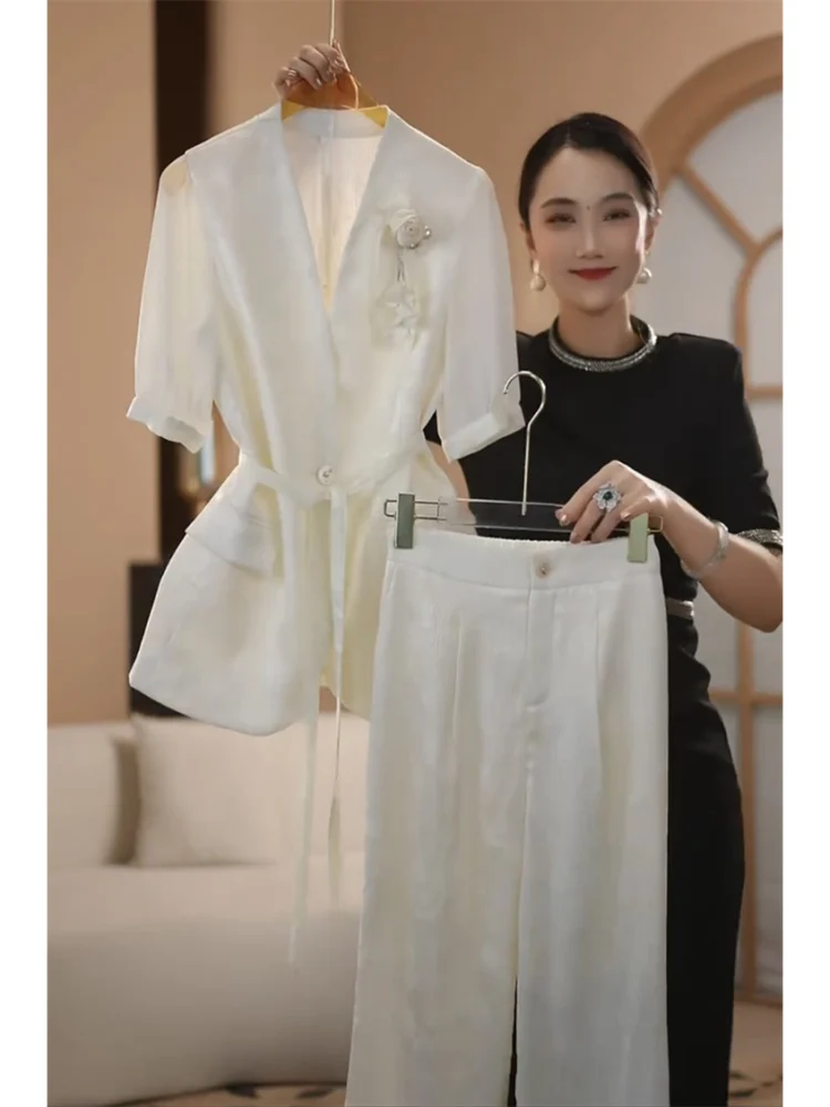 الصيف المهنية البدلة مجموعة المرأة الصناعة الثقيلة مشرقة الشيفون قصيرة الأكمام قميص معطف + بنطال ذو قصة أرجل واسعة قطعتين مجموعات