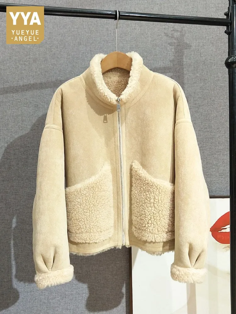 

Women Real Sheep Fur Lining Wool Cashmere Coat Zipper Stand Collar Jacket Autumn Winter Warm Loose Patchwork Jackets Hot Sale
