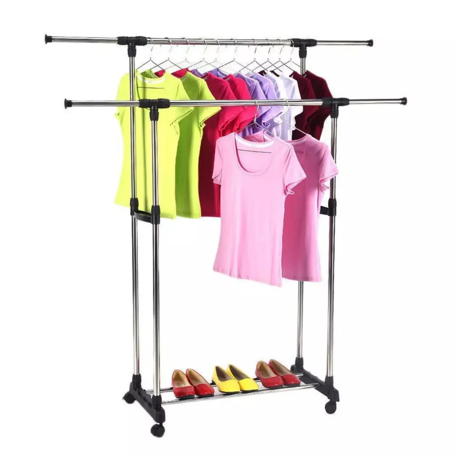 

Heavy Duty Double Adjustable Portable Clothes Dry Hanger Rolling Rack Rail