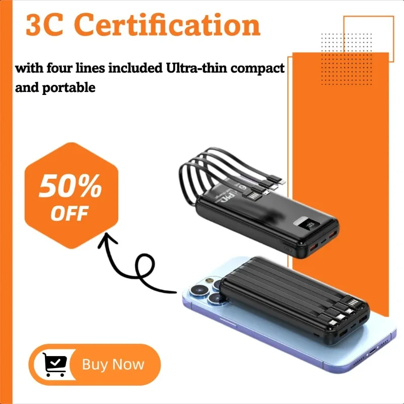 

66W Super Fast Charging 10000mAh Large Capacity Self Contained Four in One Cable Portable Power Bank