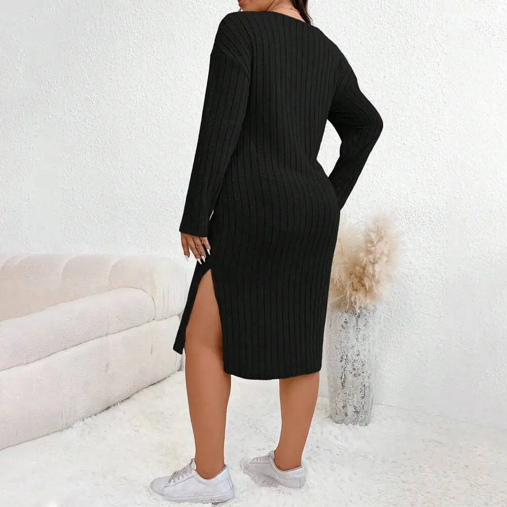

Women's Size 2025 Plus V-neck Autumn/winter High Waisted Slit Long Sleeved Solid Color Medium Length Dress Elegantes Casual Y2k