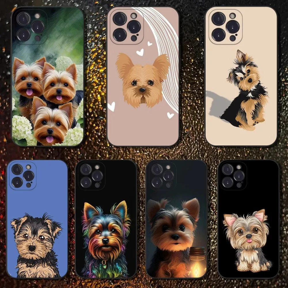 Funda de teléfono Cute Dog Yorkshire Terrier para iPhone 16,15,14,13,12,11 Plus,Pro Max,XS,X,XR,SE,Mini,8,7, funda negra de silicona suave