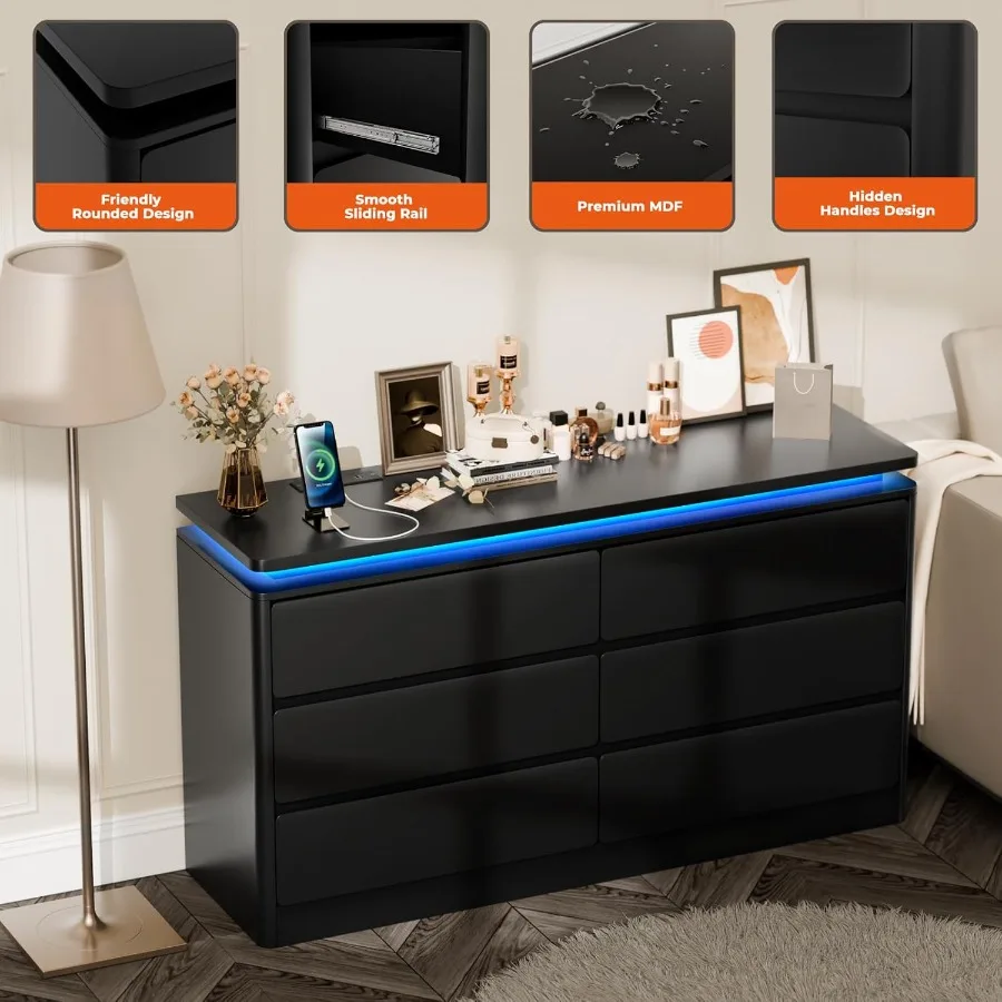 خزانة سوداء ذات 6 أدراج لغرفة النوم، خزانة ذات أدراج حديثة بطول 47.2 بوصة مع محطة شحن مدمجة وأضواء LED محيطة #6