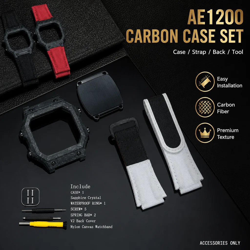 for Casio AE1200 AE1300/WS1600 Carbon Watch Case Ntpt Sapphire Crystal Underskin Leather Nylon Canvas Strap Back Cover Combo Kit