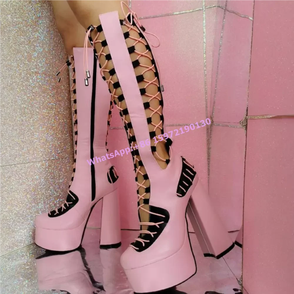 

Black Pink Platform Hollow Boots Cross Tied Thick Soled Lace Up Round Toe Square Heels Boots Women's Sexy Fashion Runway Boots