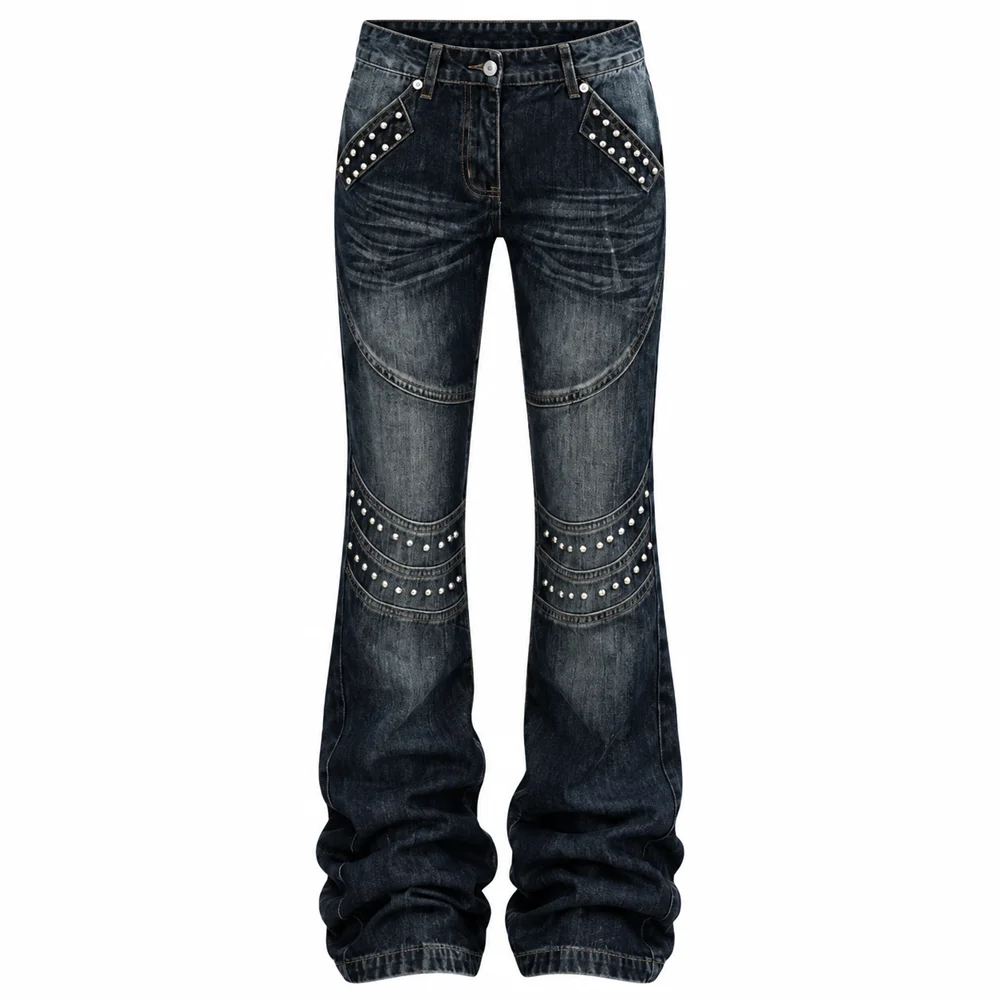 Women’s Vintage Style Regular Fit Jeans Letter Graphic Studded Detail Denim Fabric Everyday Outfit