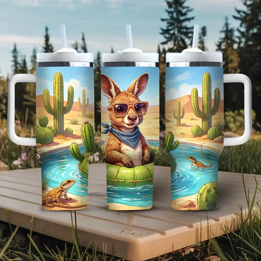 40Oz Tumbler with Handle, Printed with Cute Kangaroo Lizard Cactus in Sunny Desert Pool, Fits Hot And Cold Drinks, Ideal for Outdoor Travel Camping Hiking Daily Use for All People