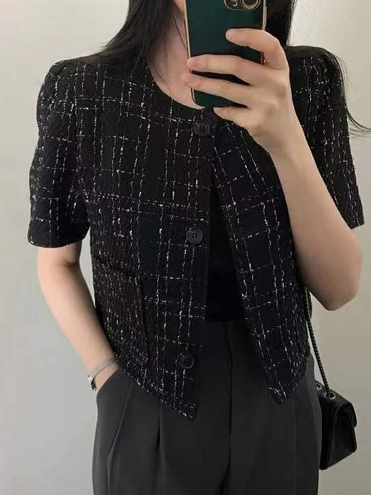 Abrigo corto e para mujer, cárdigan abierto de Tweed hoado con cuello redondo fino y doble bolsillo, Top estilo viaj...