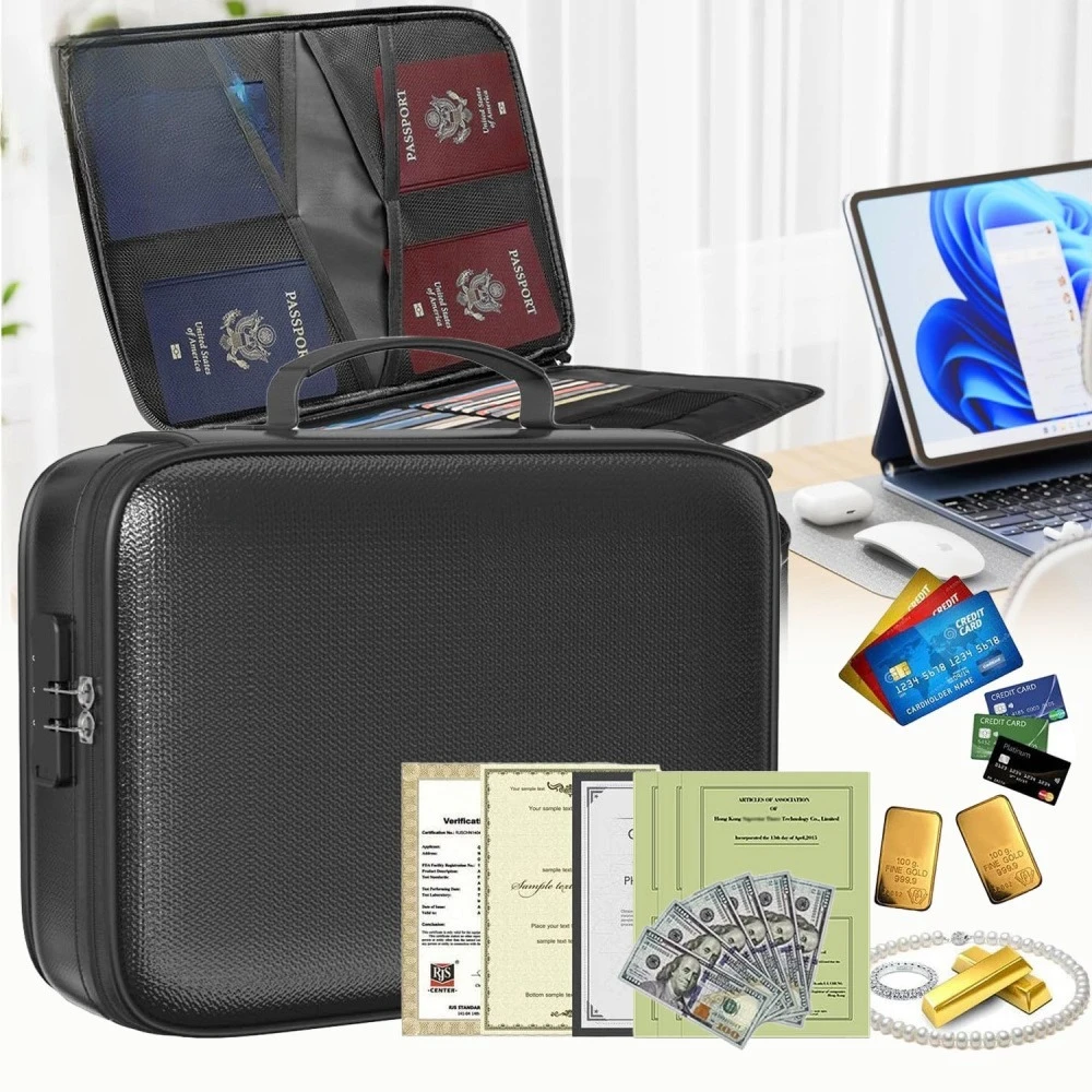 Pochette ignifuge et étanche pour documents avec serrure, grande capacité, organisateur de voyage, boîte de rangement multicouche pour argent et papiers.