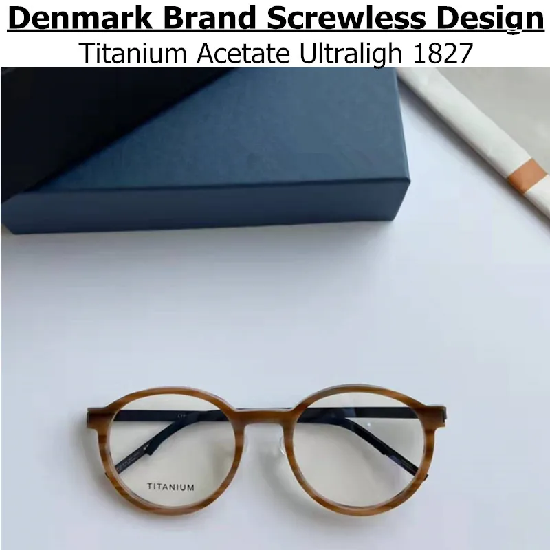 Denmark Brand Retro Round Titanium Acetate Glasses Frame Ultralight Men Women Prescription Eyeglasses Screwless Spectacles 1827