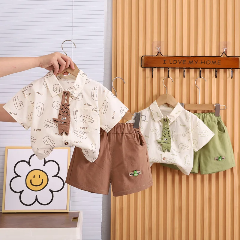 

2025 Summer Baby Boys Clothes Children Cartoon Crocodile Tie T Shirt Shorts 2Pcs/Sets Toddler Fashion Costume Kids Tracksuits