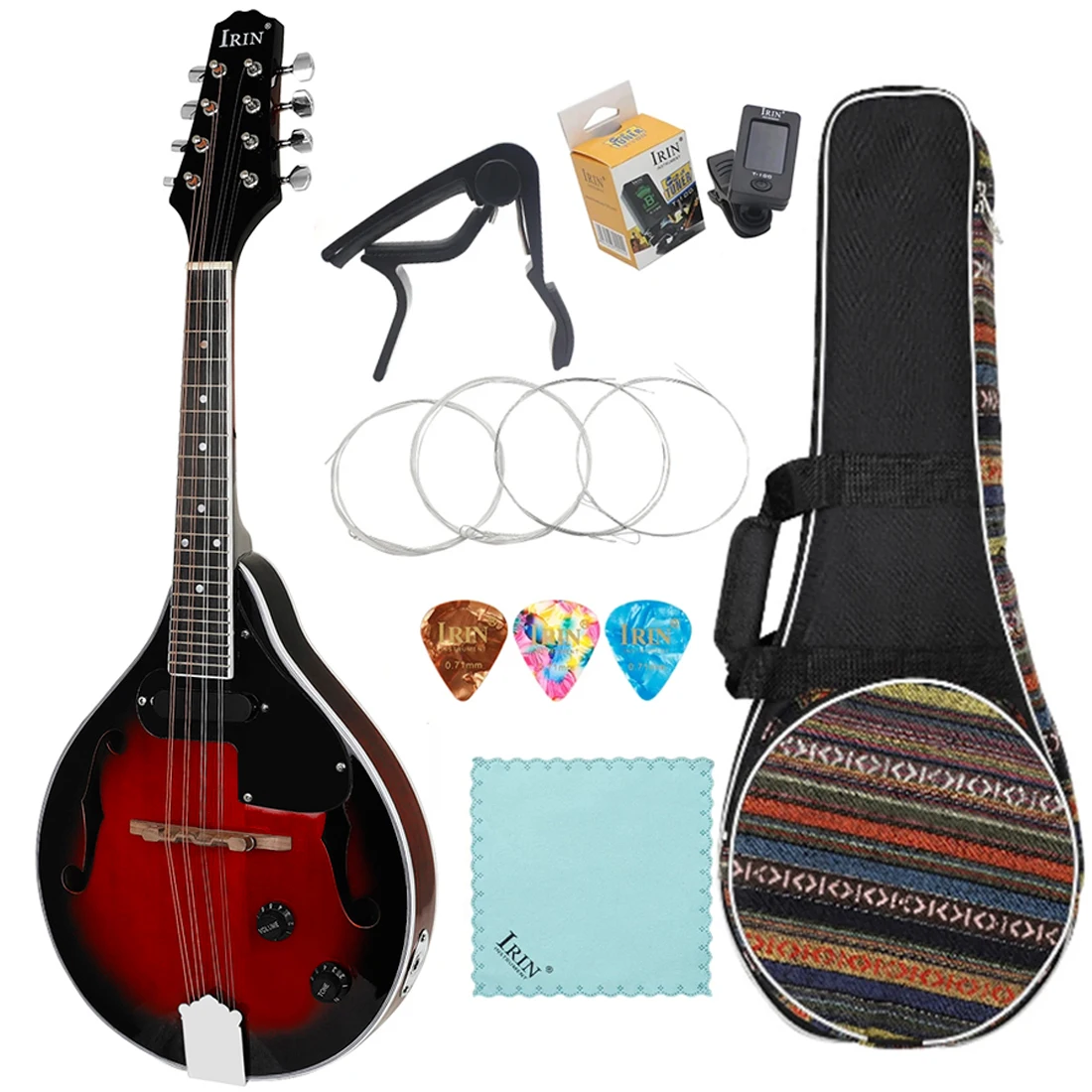 IRIN Electro Acoustic Red and Black Rimmed Mandolin 8 Strings Mandolin Rosewood Body Mandolin with Bag Pick Tuner Cleaning Cloth