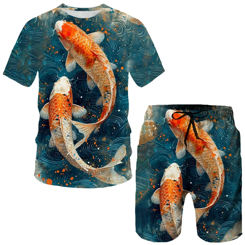 Summer Koi Carp 3D Print T-Shirts Shorts Sets Men\'s Tracksuits Oversized Short Sleeve T Shirt Pants Set Man Suits Clothing