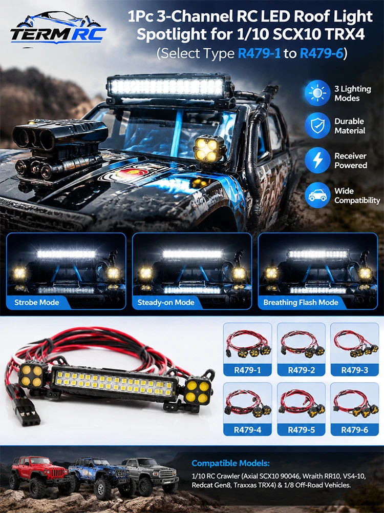 1Pc 3-Channel RC LED Roof Light Spotlight for 1/10 SCX10 TRX4 (Select Type R479-1 to R479-6)