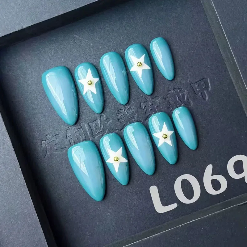 Handmade Press On Nails Sky Blue Y2K Fake Nails Long Removable Almond White Star Manicure False Nails Golden Bead Decor 10pcs