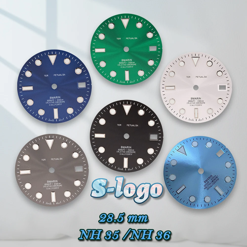 

28.5mm NH35 Dial S Logo SUB Mod C3 Green Luminous Sunray Dial For NH35/NH36 Movement High Quality NH35 Watch Accessorie ﻿