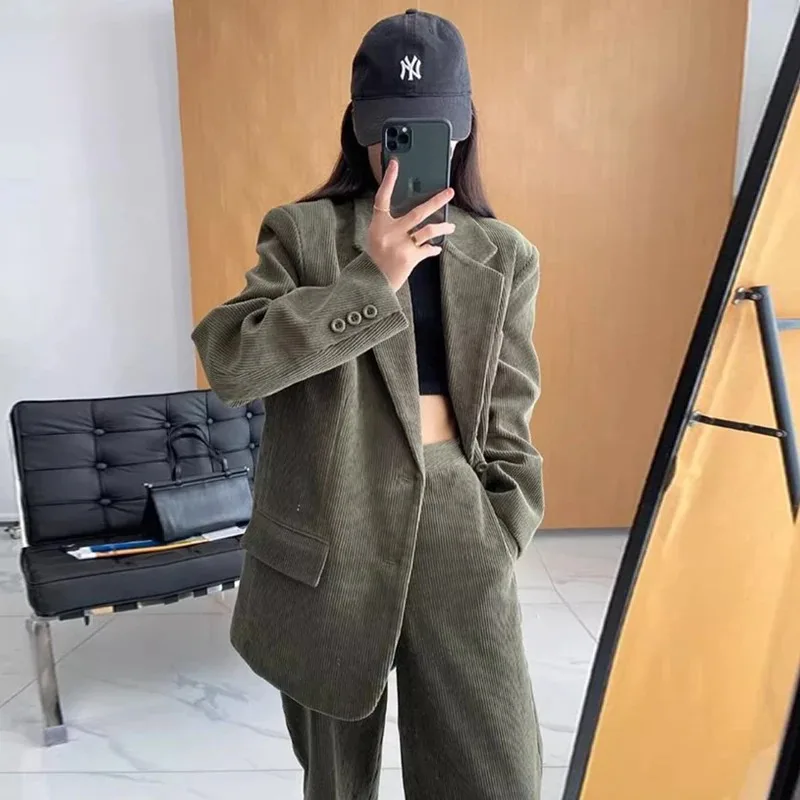 Insozkdg Spring Autumn British Style Corduroy Suit Jacket Wide-leg Pants Suit Vintage Casual Loose Blazer Pants Two-piece Sets