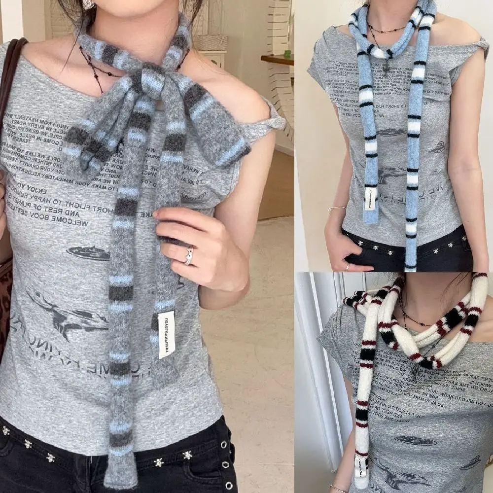 Korean Knitted Striped Skinny Scarf Stackable Wear Warm Strip Neck Scarf DIY Soft Decorative Scarf Women