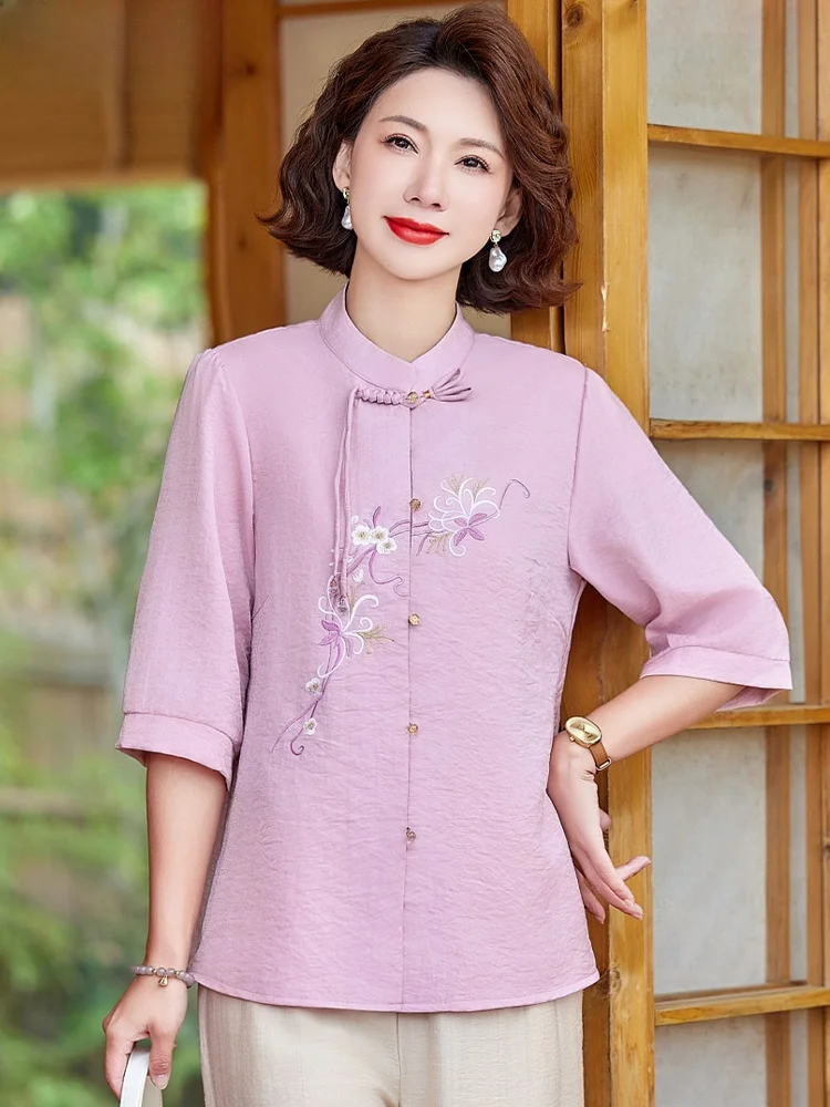 

Летний комплект Ele Mom: Новинка! Китайская вышивка, комплект из двух предметов для женщин среднего и старшего возраста, топ с рукавом три четверти.