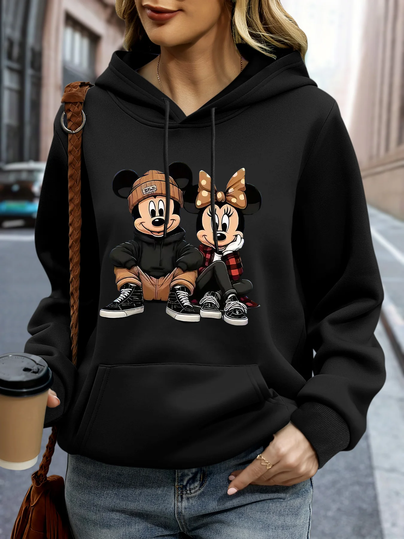 

Disney Mickey and Minnie are sitting on the ground casual swear pullover long sleeved hooded sweatshirt suitable for autumn