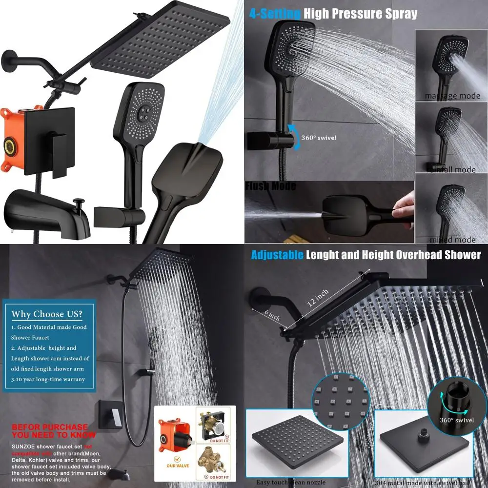 

10-дюймовая матовая черная душевая система с эффектом тропического дождя, смесителем на 4 режима и настенным изливом для ванны