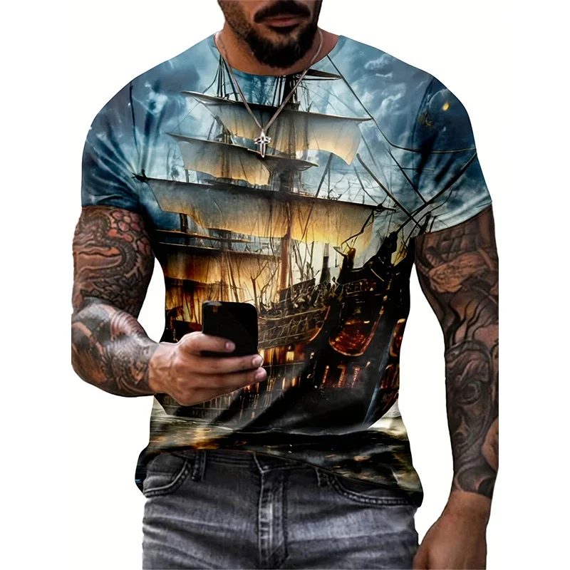 Sailing Ship Pattern T-Shirt for Men Sailboat 3D Printed Tees Summer Casual Harajuku Short Sleeve O-Neck Tops Oversized T Shirts