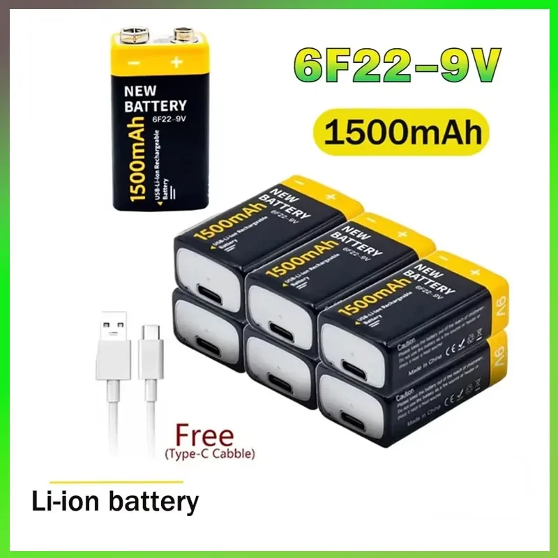 

6F22 9V 1500mAh Rechargeable Battery Type-C Li-ion Battery for Metal Detector Remote Control Helicopter Microphone Toy Model