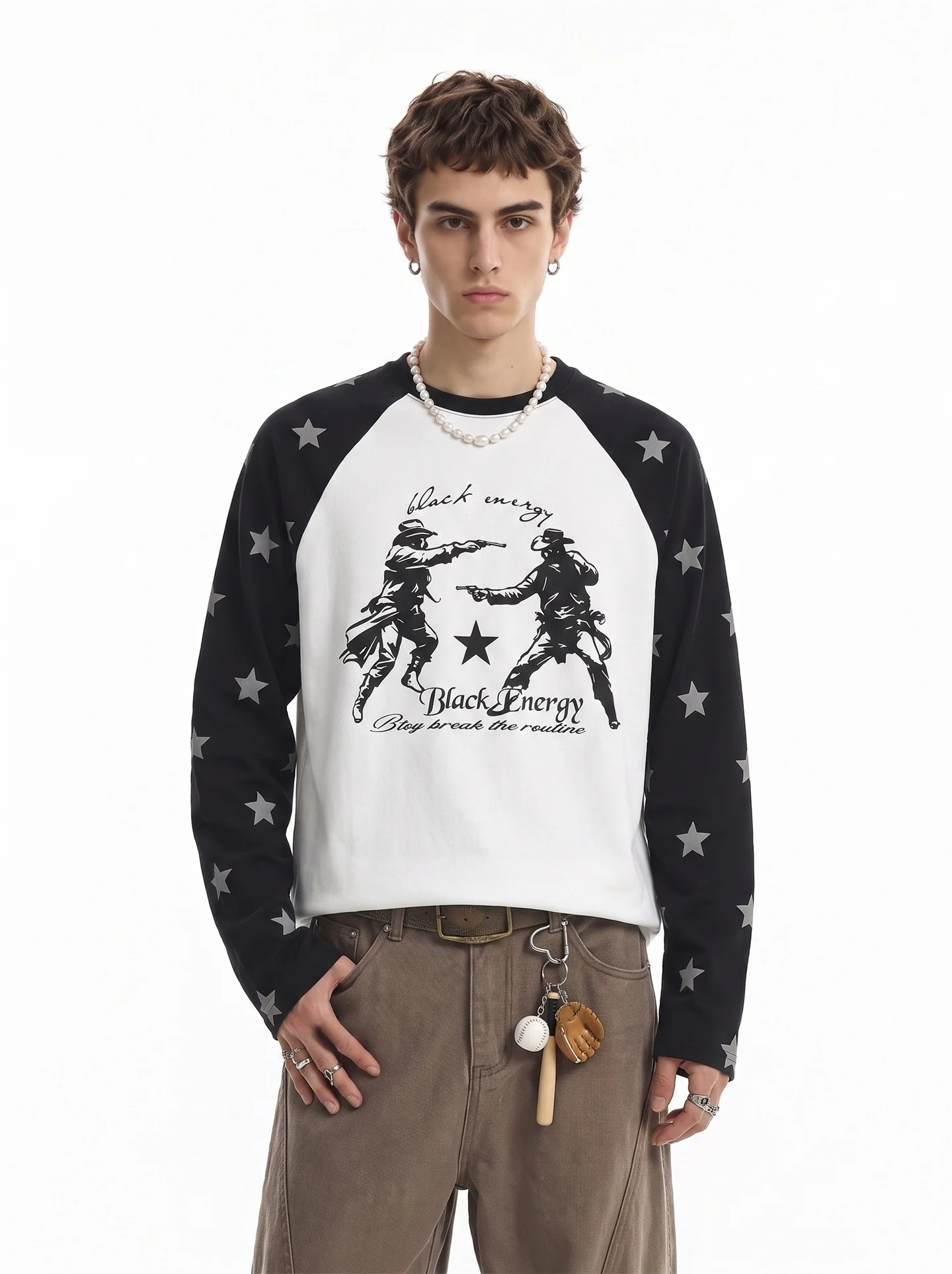 BETEBULE American High Street Long Sleeve T-Shirt Men's Loose Fit Streetwear Light Color Block Star Character Print Top