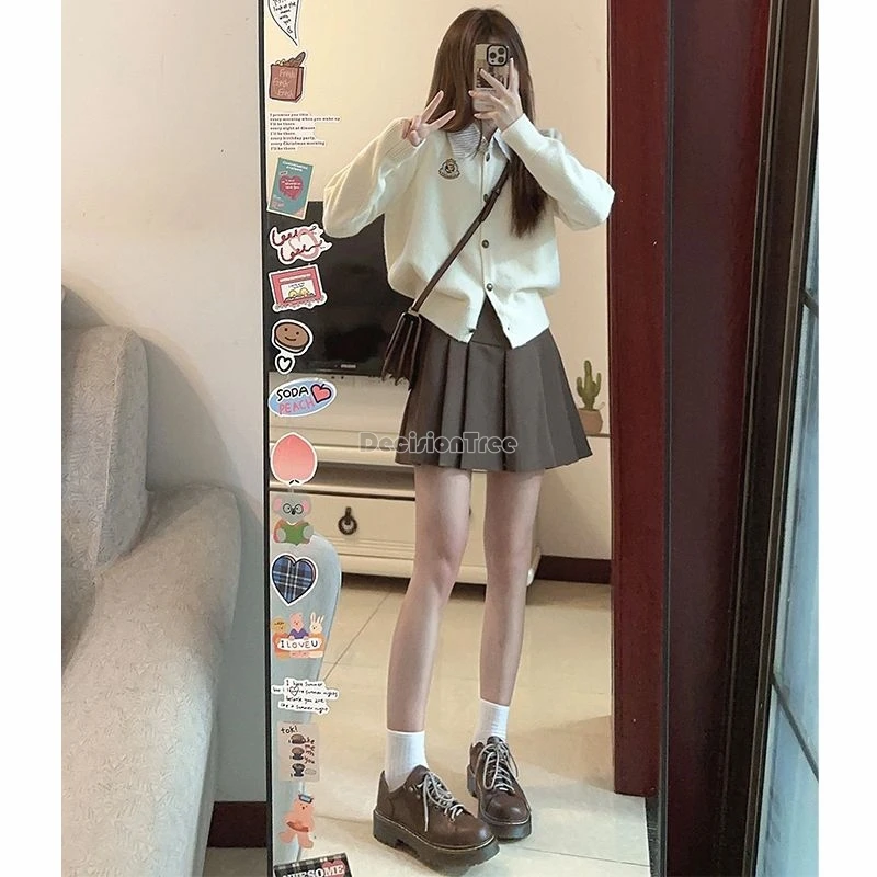 2024 School Uniform Effen Kleur Set Chique Geruite Kraag Top Hoge Taille Geplooide Rok Verbeterd Korea Stijl Uniform