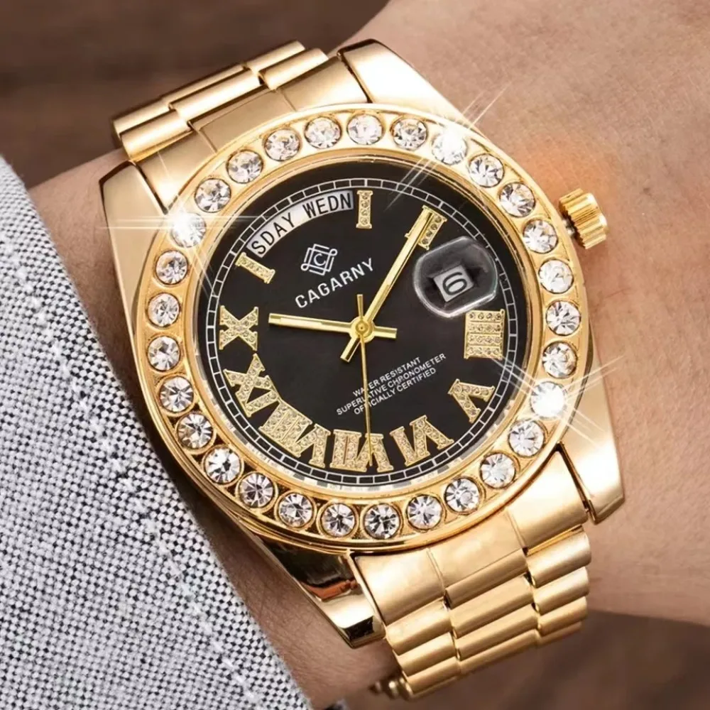 

Dual Calendar Watch Men Cagarny Luxury Fashion Quartz Watches Man Diamonds Wristwatch Waterproof Golden Steel Reloj De Hombre