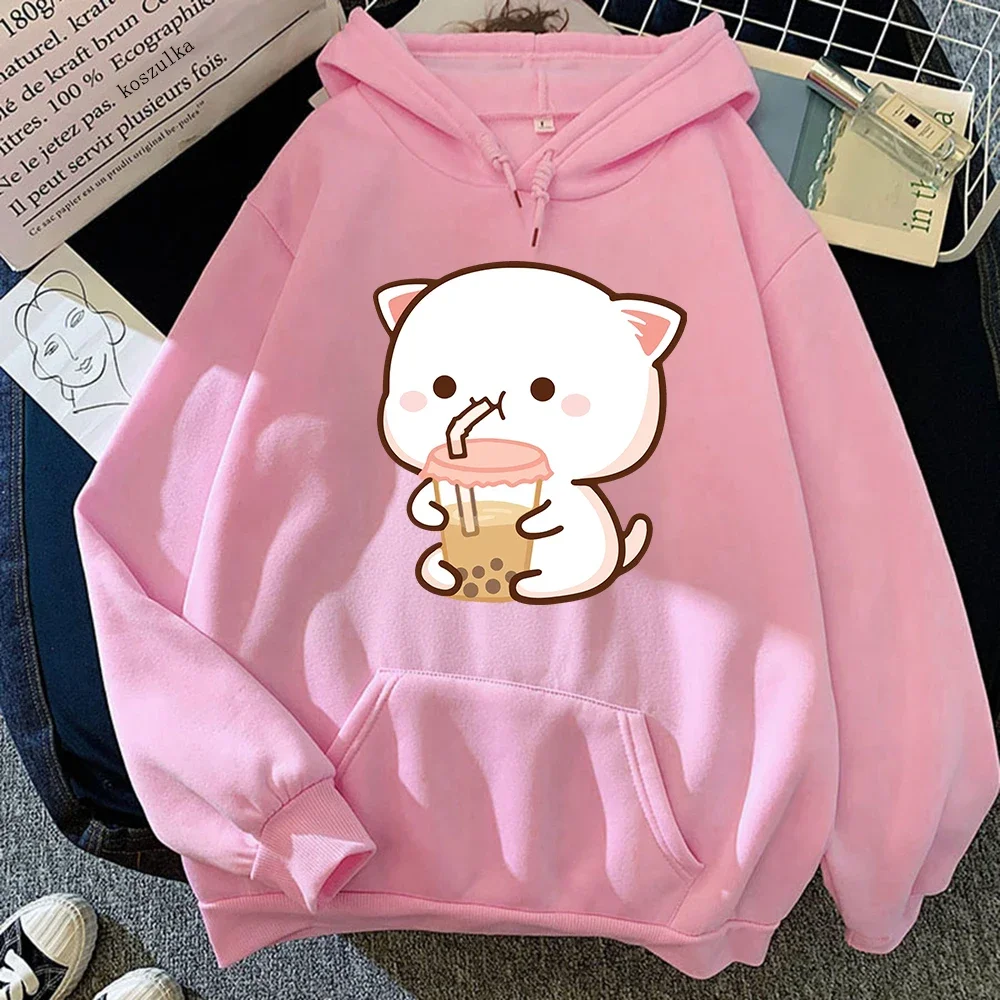 Women's Kangaroo Pocket Hoodie Peach and Rubber Cartoon Hoodies Girl Cat Drink Milk Tea Sweatshirt Autumn Winter Pullover
