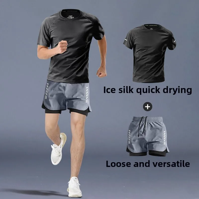 Men's Fitness Clothes Marathon Running Training Summer Short Sleeves Shorts Quick Drying Sports  Equipment Men's Sportswear Set