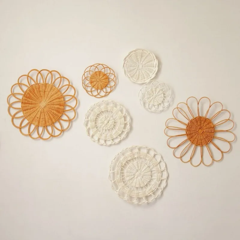 Nordic Bohemian Rattan Round Wall Hanging Handwoven Macrame Wall Decor for Living Room Bedroom Boho Home Decoration Lightweight