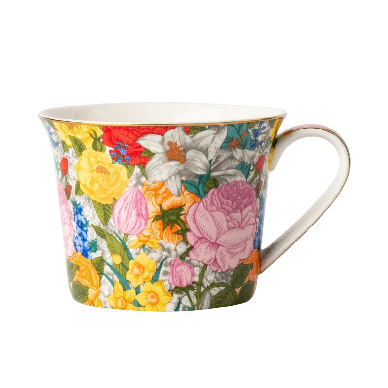 European Ceramic Coffee Cup with Lid Colorful Flower Mug Home Breakfast Mug Fine Bone China Afternoon Camellia Flower Tea Cup
