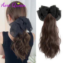 AS-extensiones de cabello sintético con Clip de garra para mujer, cabello largo y rizado, cola de caballo Natural, postizo negro