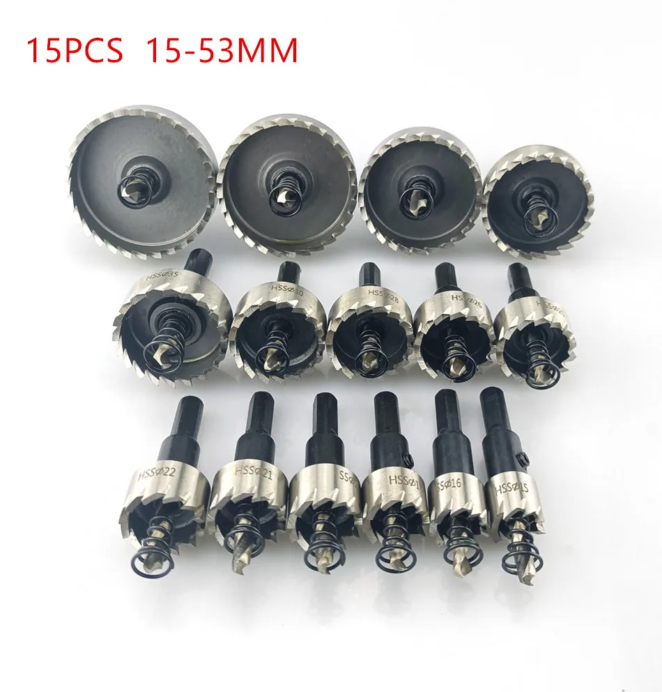 High Speed HSS Hole Saw Set, Broca, Coroa De Perfuração, Liga De Metal, Aço Inoxidável, Ferramenta De Corte De Madeira, 15-53mm, 15 Pcs